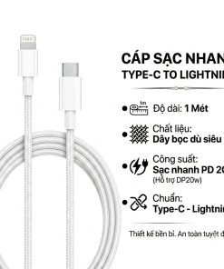 Cáp Sạc Nhanh Type-C to Lightning PD 20W Bọc Dù Cao Cấp 1M Cho iP